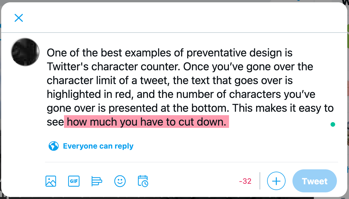 An example of Twitter's preventative design functionality.