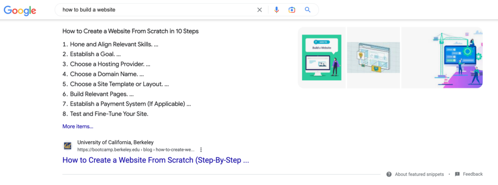 Example ordered list snippet for "how to build a website"