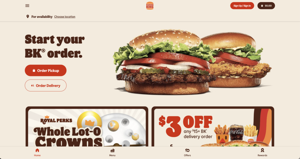 Burger King home page with hamburger icon in top left