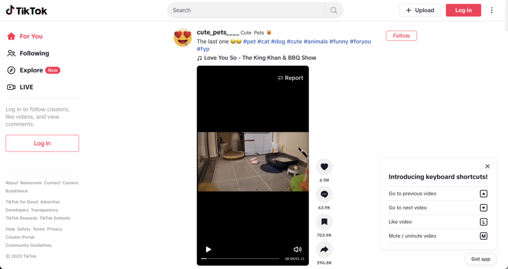 TikTok's desktop home page with kebab icon in top right